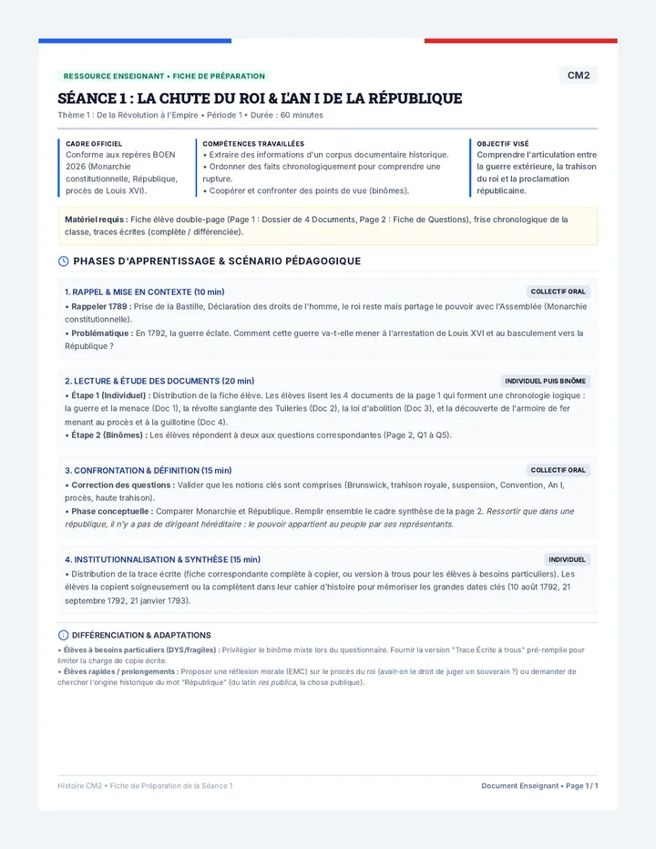 Chute du Roi Fiche de Préparation Enseignant