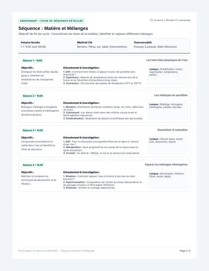 Séquence Matière et Mélanges Guide