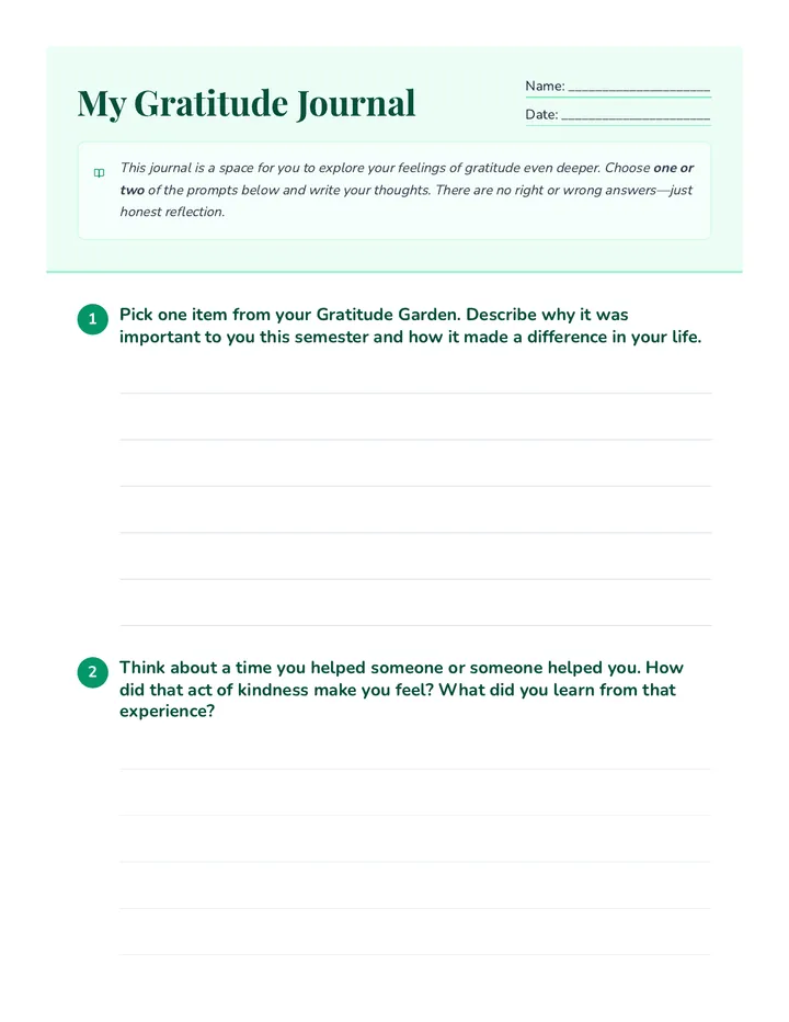 Gratitude Journal Worksheet