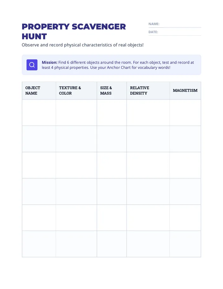 Matter Detectives Scavenger Hunt Worksheet