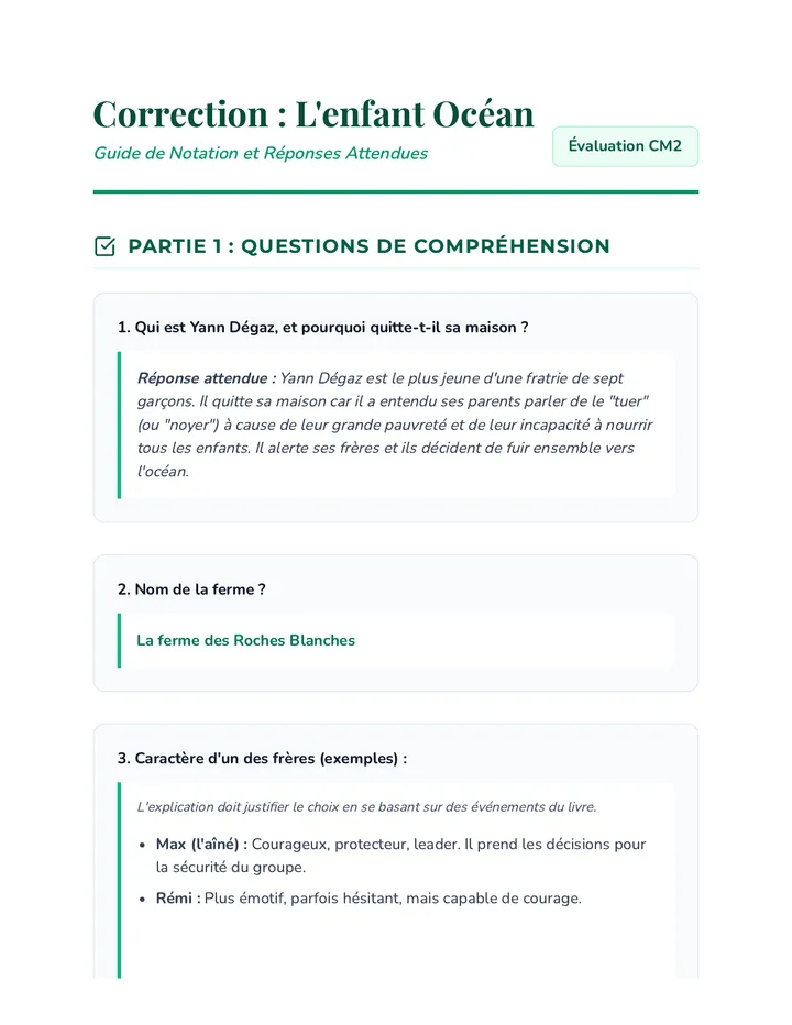 Comprendre L'enfant Océan Corrigé Quiz