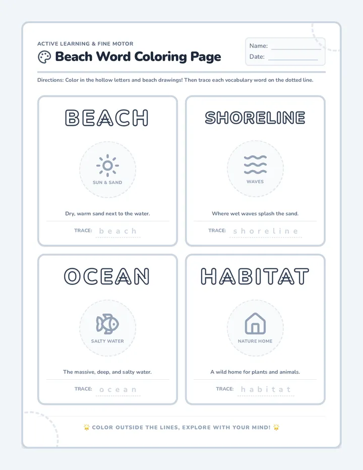Beach Vocabulary Coloring Sheet