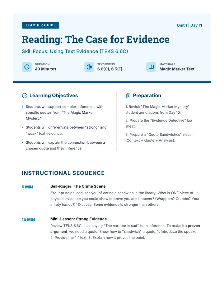 Reading Day 11 Teacher Guide