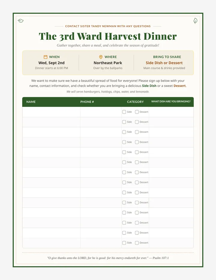 Harvest Dinner Sign-up Sheet