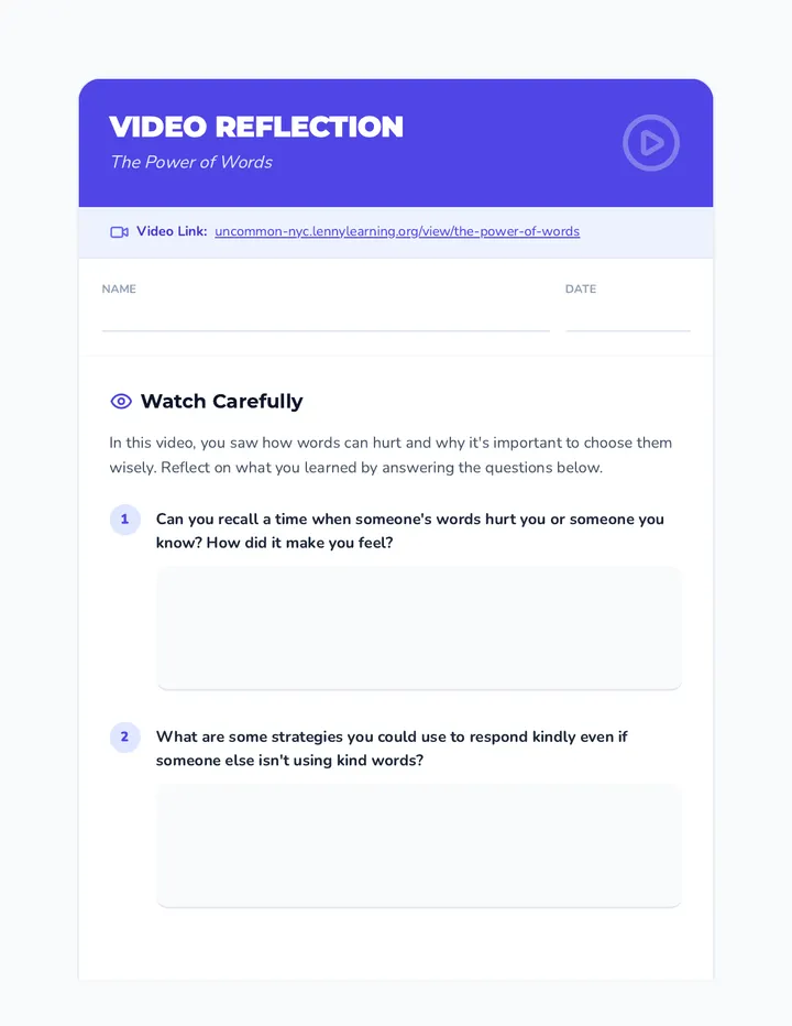 Words Matter Video Reflection Sheet