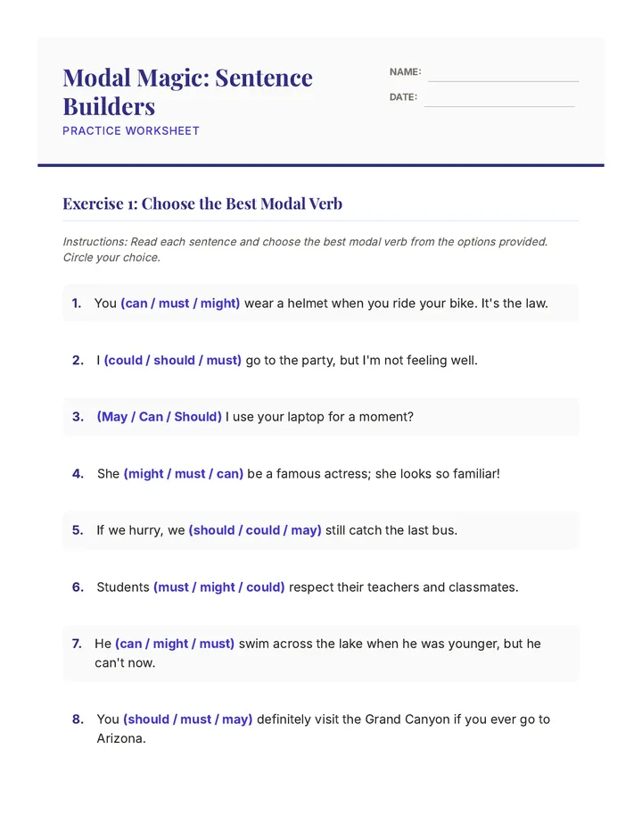 Modal Magic Practice Worksheet