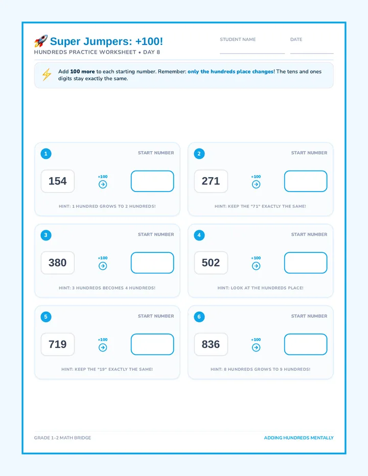 Lilypad Jumpers Hundreds Addition Worksheet