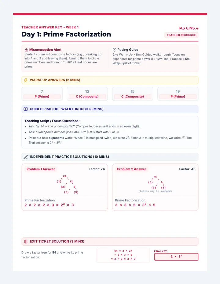 Factors Multiples Teacher Key