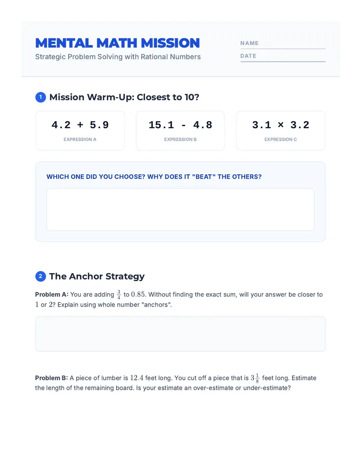 Mental Math Mission Worksheet
