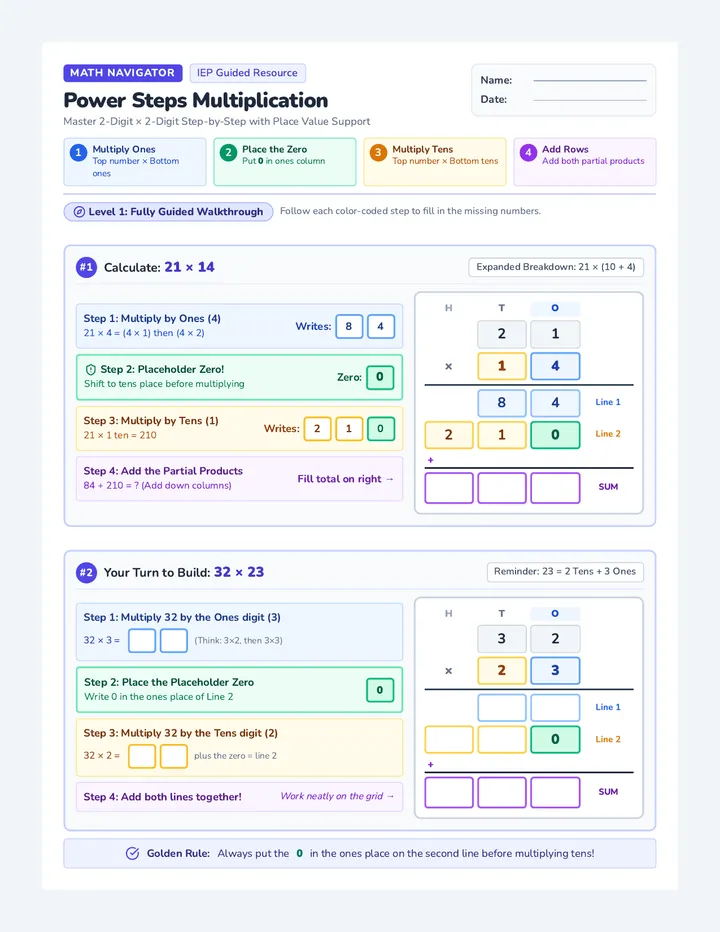 Power Steps Multiplication Worksheet