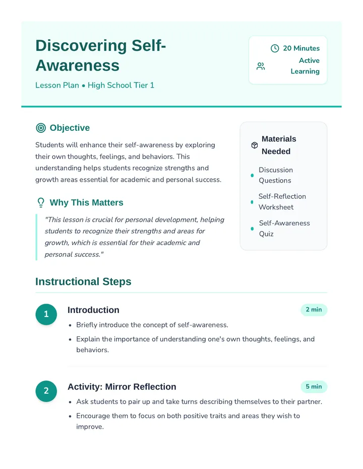 Self Awareness Lesson Plan