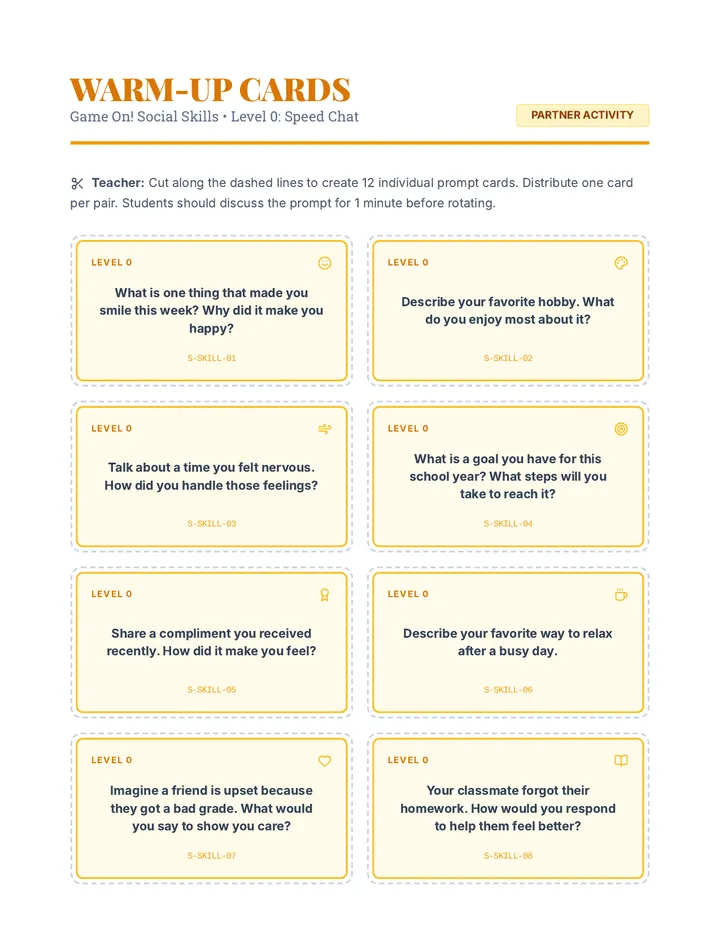 Social Skills Warm-Up Cards Worksheet