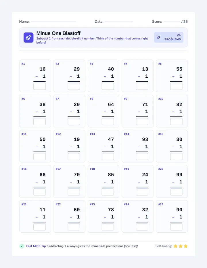 Minus One Blastoff Worksheet