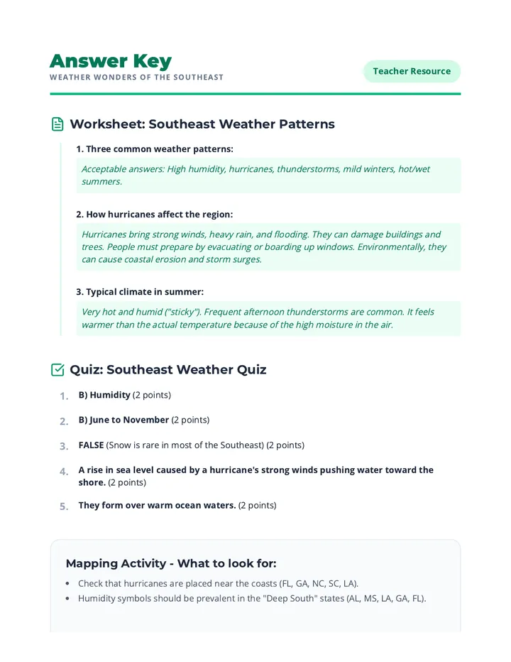 Southeast Weather Answers Key