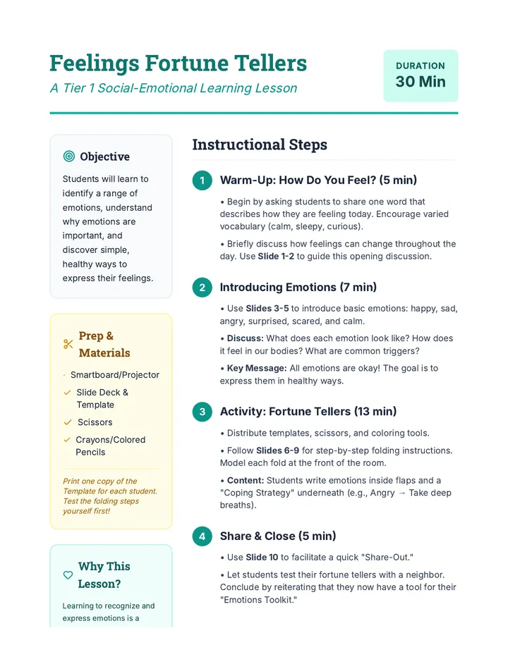 Feelings Fortune Tellers Lesson Plan