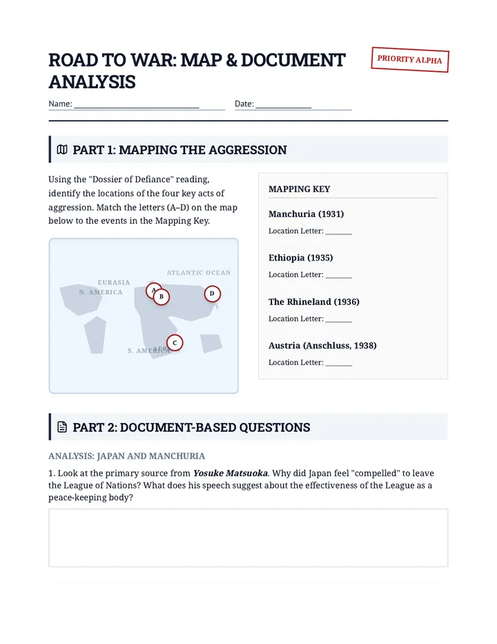 Road to War Worksheet