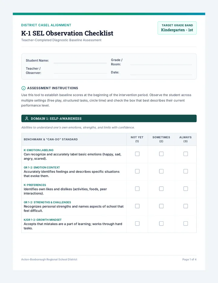 K-1 SEL Observation Checklist Packet