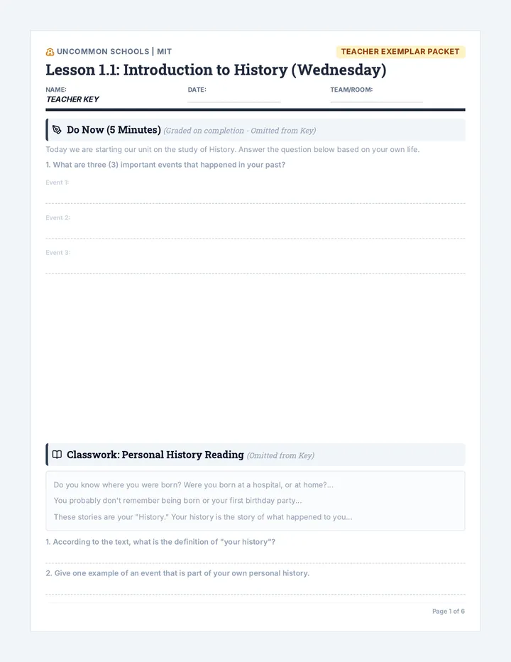 History Basics Lesson 1.1 Exemplar Sheet
