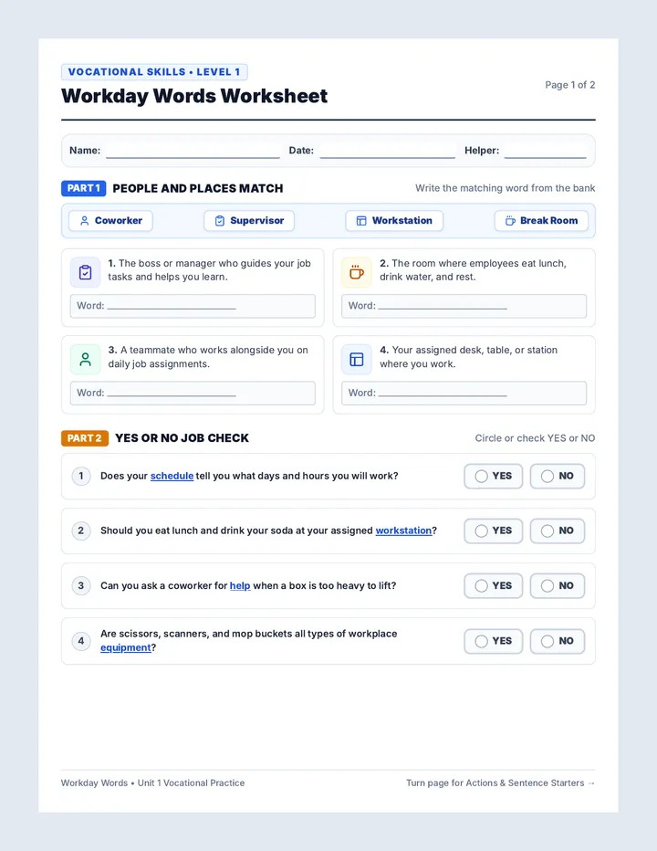 Workday Words Worksheet