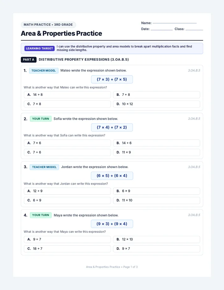 Area Properties Practice Worksheet