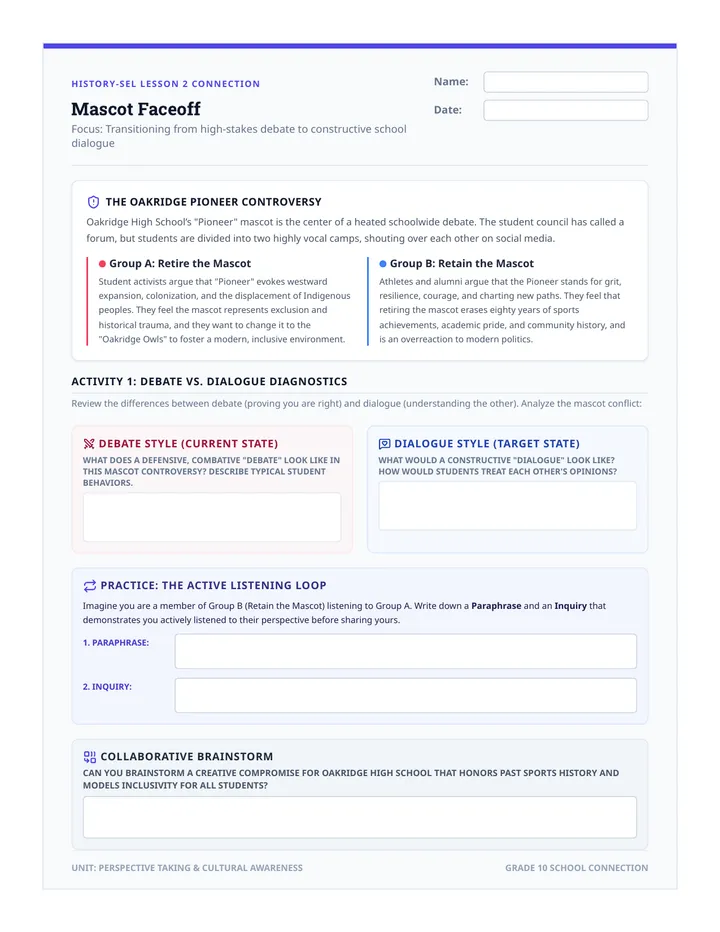 Mascot Faceoff Discussion Worksheet