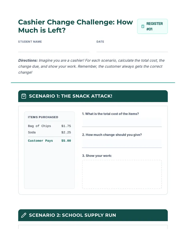 Cashier Change Challenge Worksheet