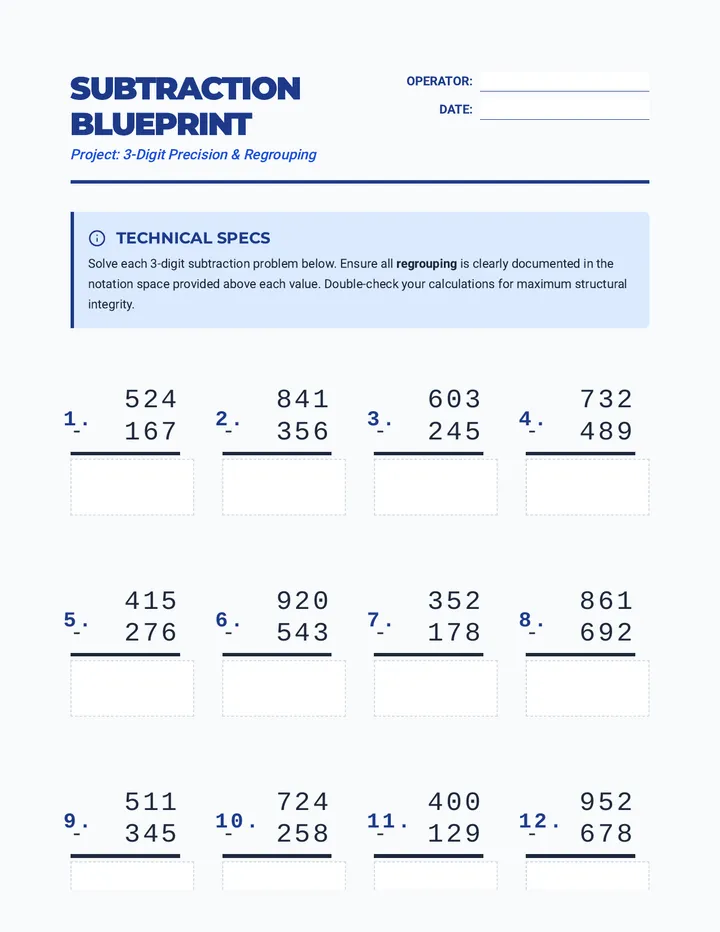 Subtraction Blueprint Worksheet