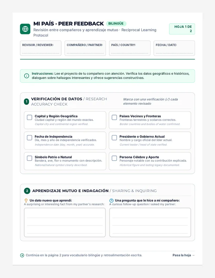 Mi Pais Feedback Sheet