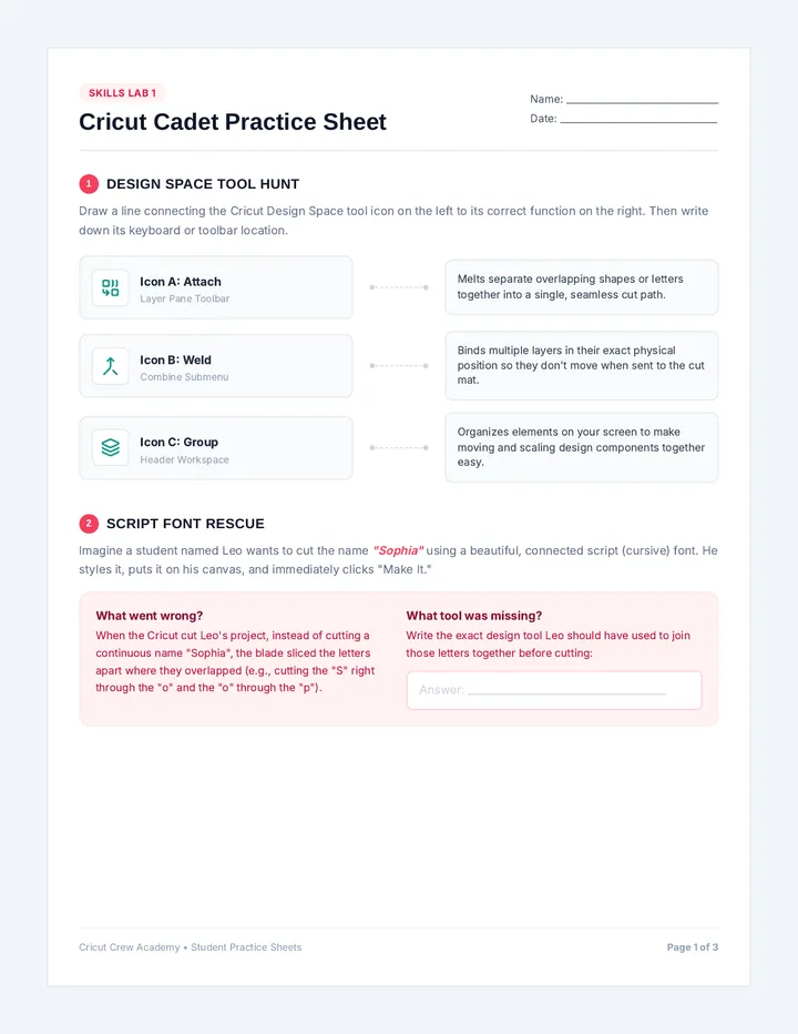 Cricut Cadet Practice Worksheets