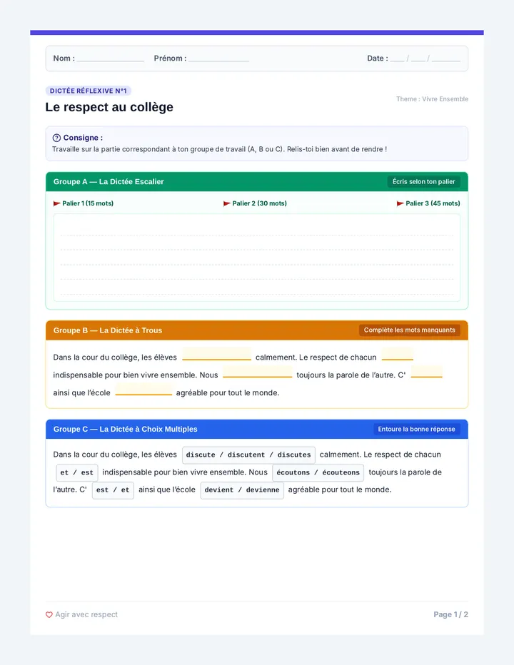 Vivre Ensemble Fiche Eleve