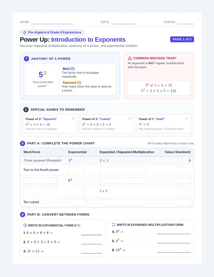 Power Up Exponents Worksheet