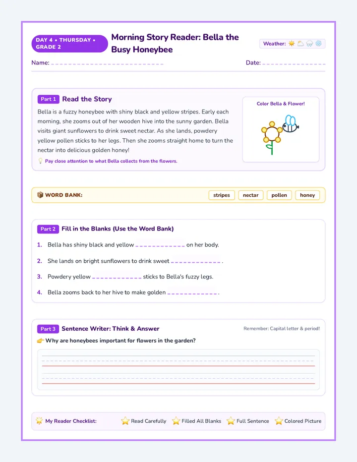 Thursday Story Reader Worksheet