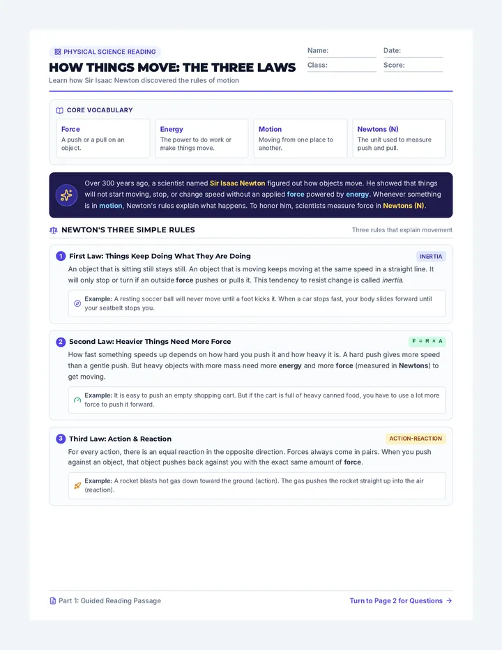 Motion Masters Reading Sheet