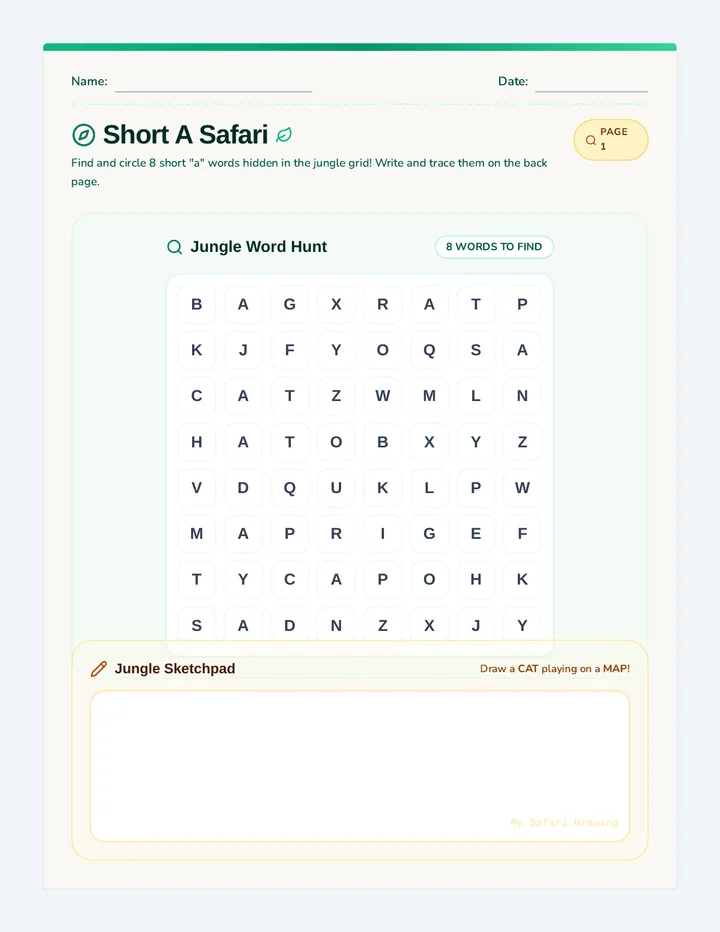 Short A Safari Word Search Worksheet