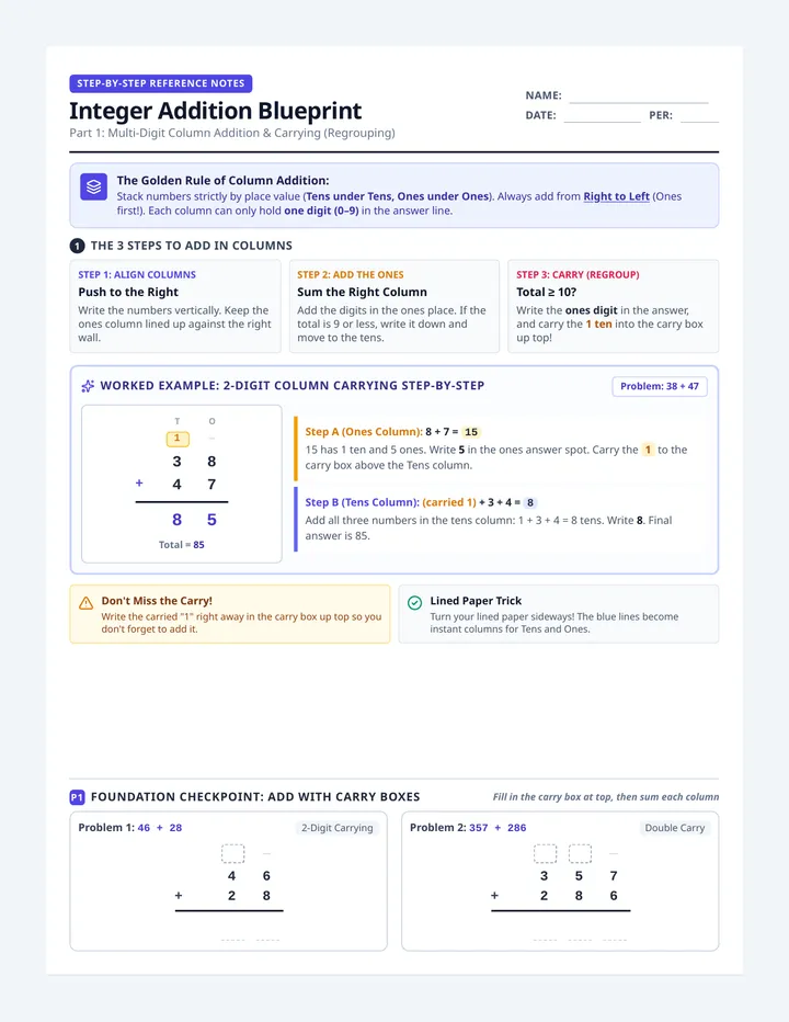 Integer Addition Blueprint Notes Sheet