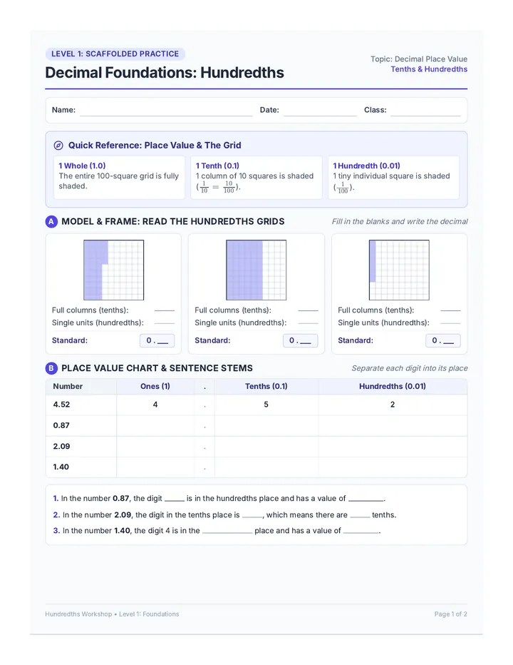 Decimal Foundations Worksheet