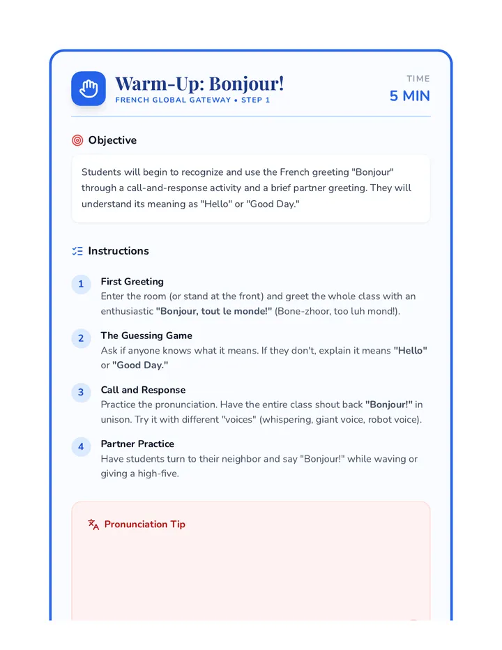 Warm-Up Bonjour Handout