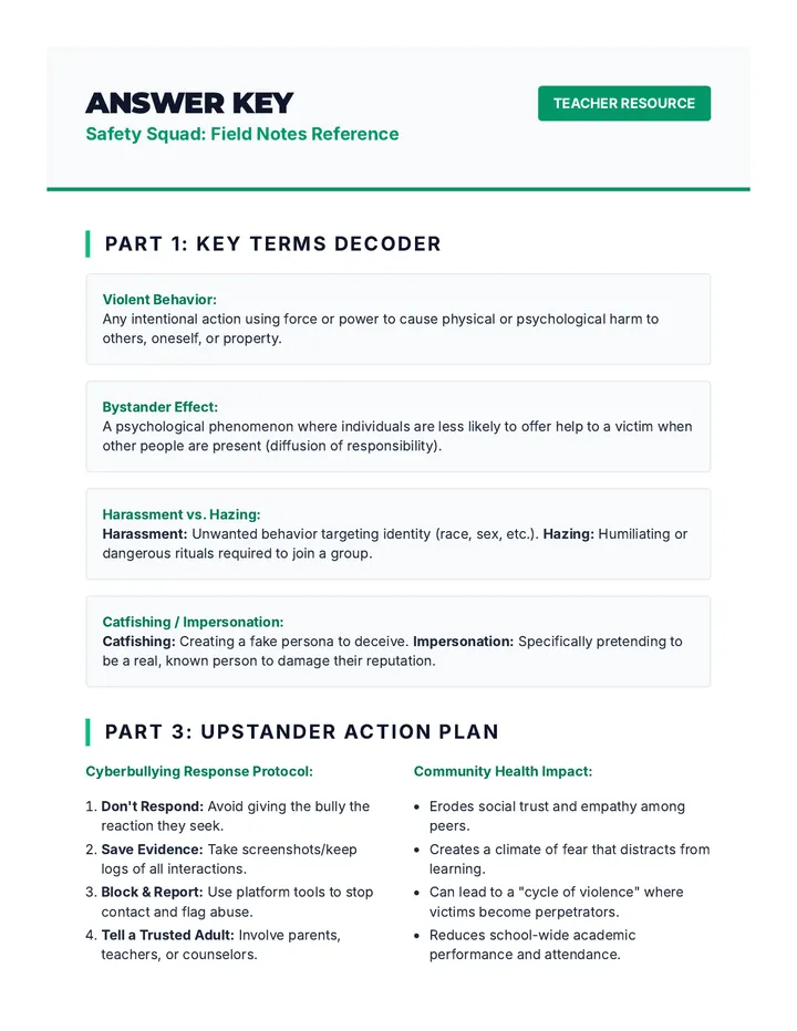 Safety Squad Answer Key
