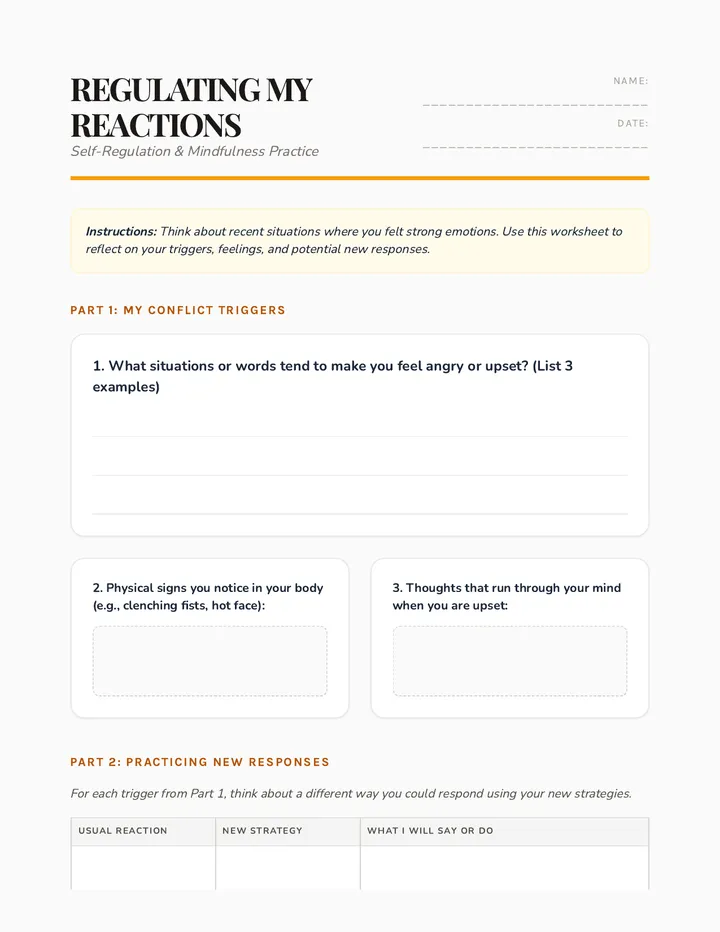 Regulating My Reactions Worksheet