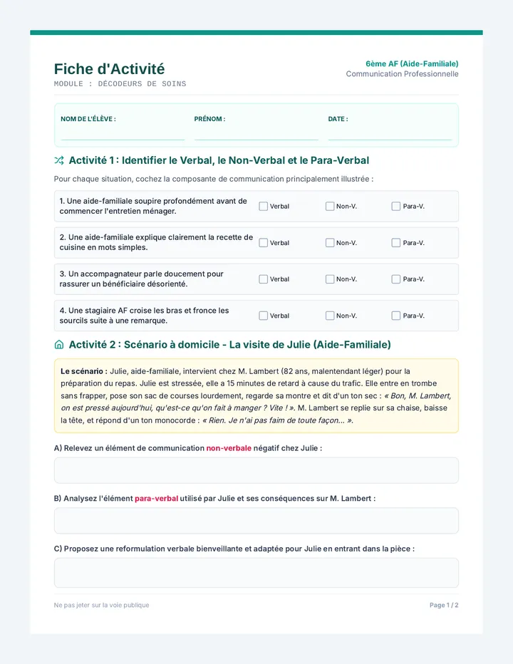 Décodeurs de Soins Fiche d'Activité