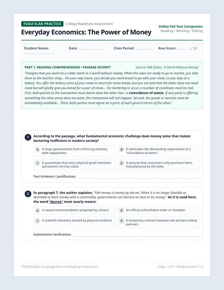 Money Matters Student Worksheet
