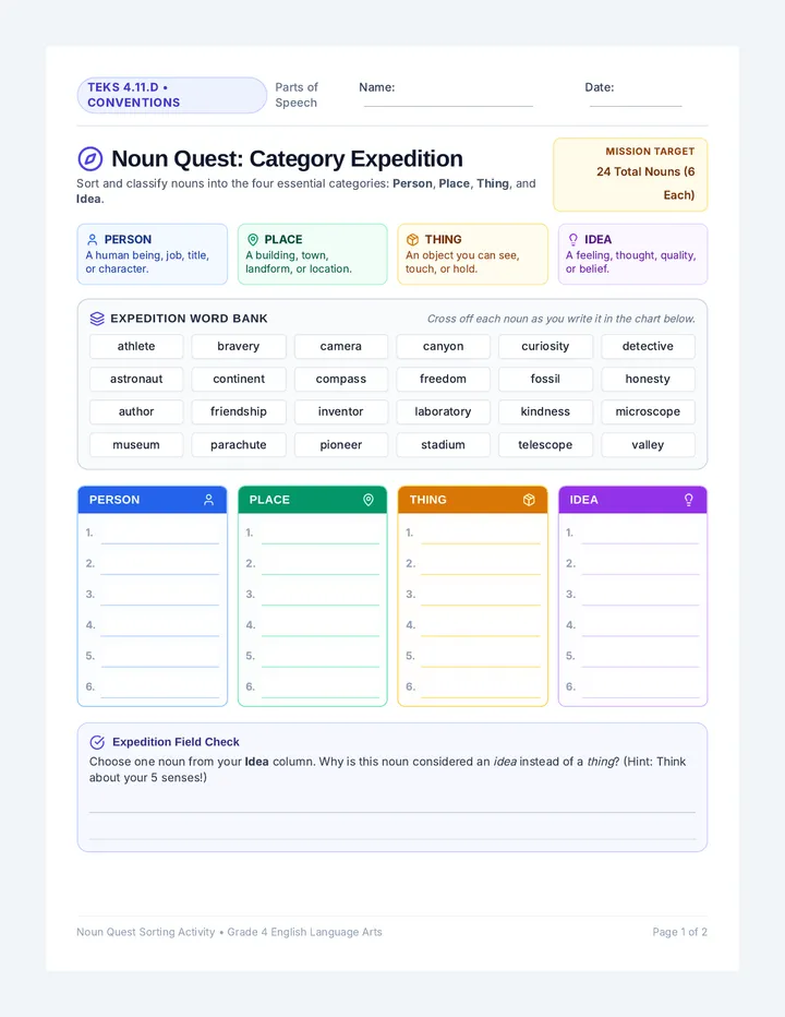 Noun Quest Sorting Activity