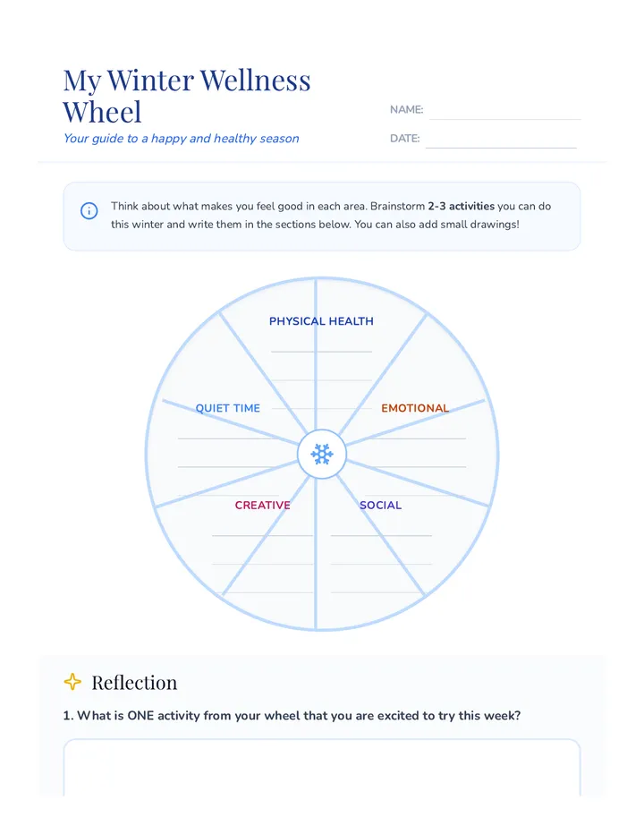 My Winter Wellness Wheel Worksheet