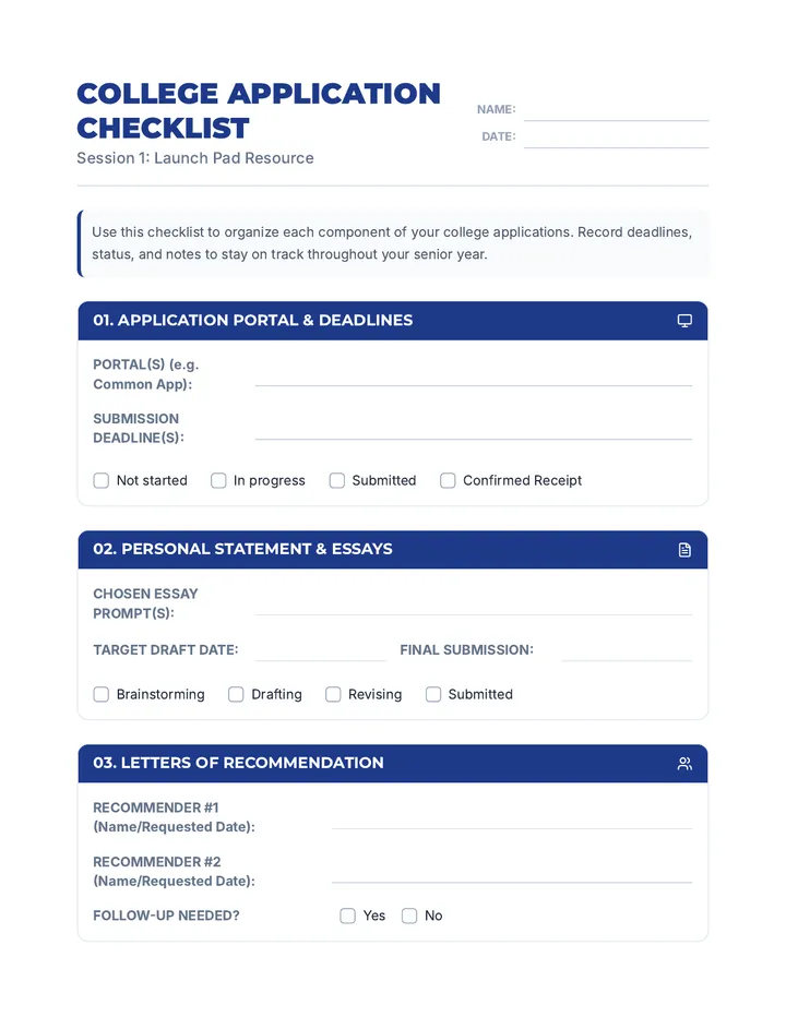 College Application Checklist Worksheet
