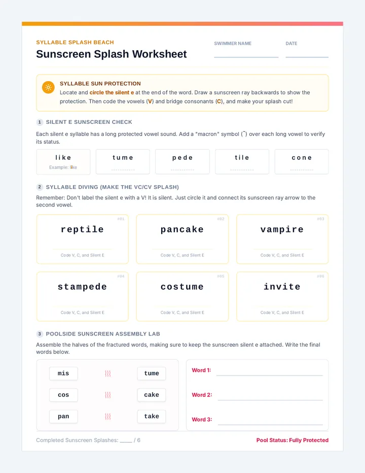 Sunscreen Splash Worksheet
