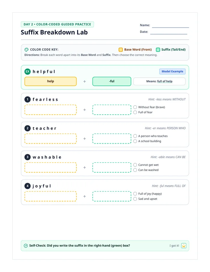 Suffix Color Breakdown Worksheet