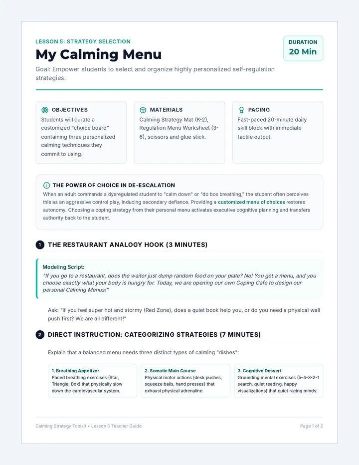 Calming Menu Teacher Guide