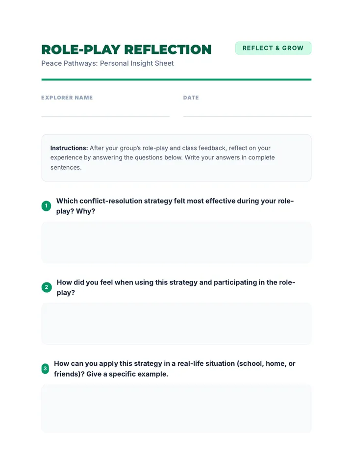 Peace Pathways Reflection Worksheet