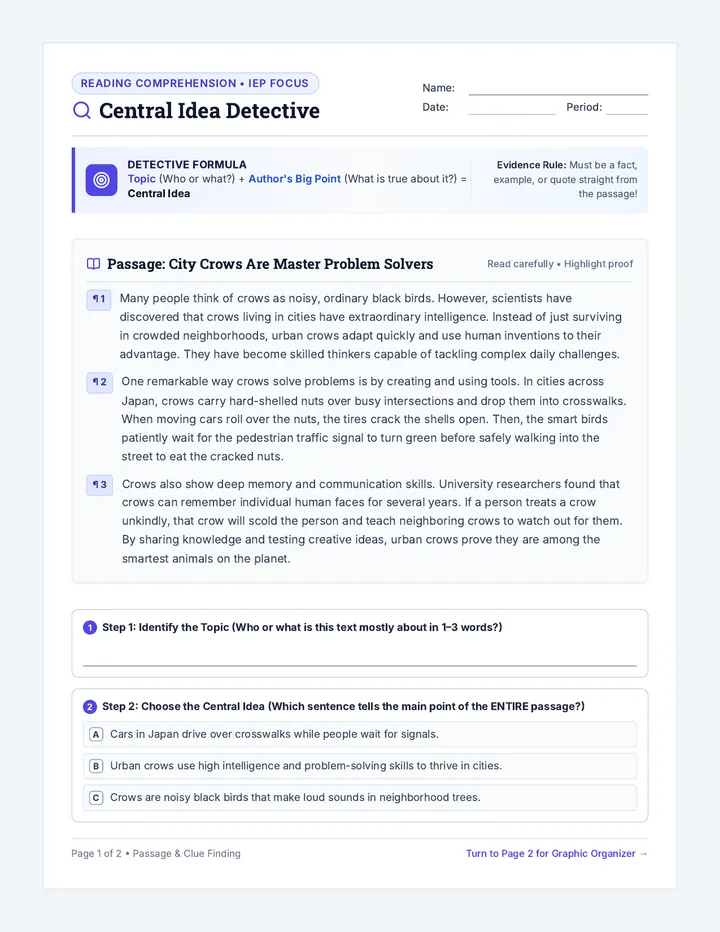 Central Idea Detective Worksheet