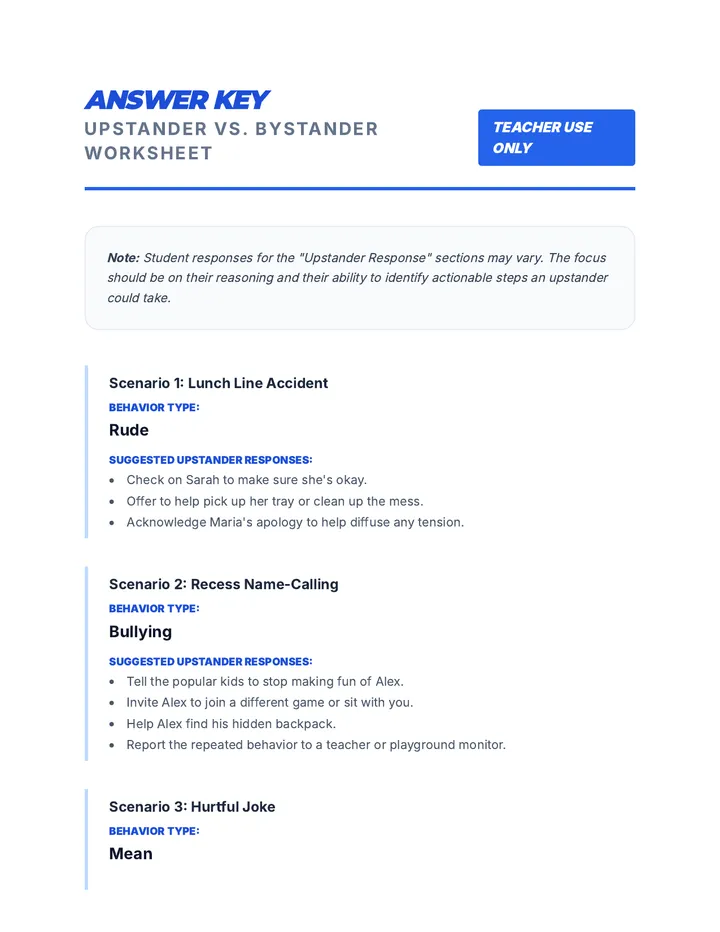 Upstander Worksheet Answer Key